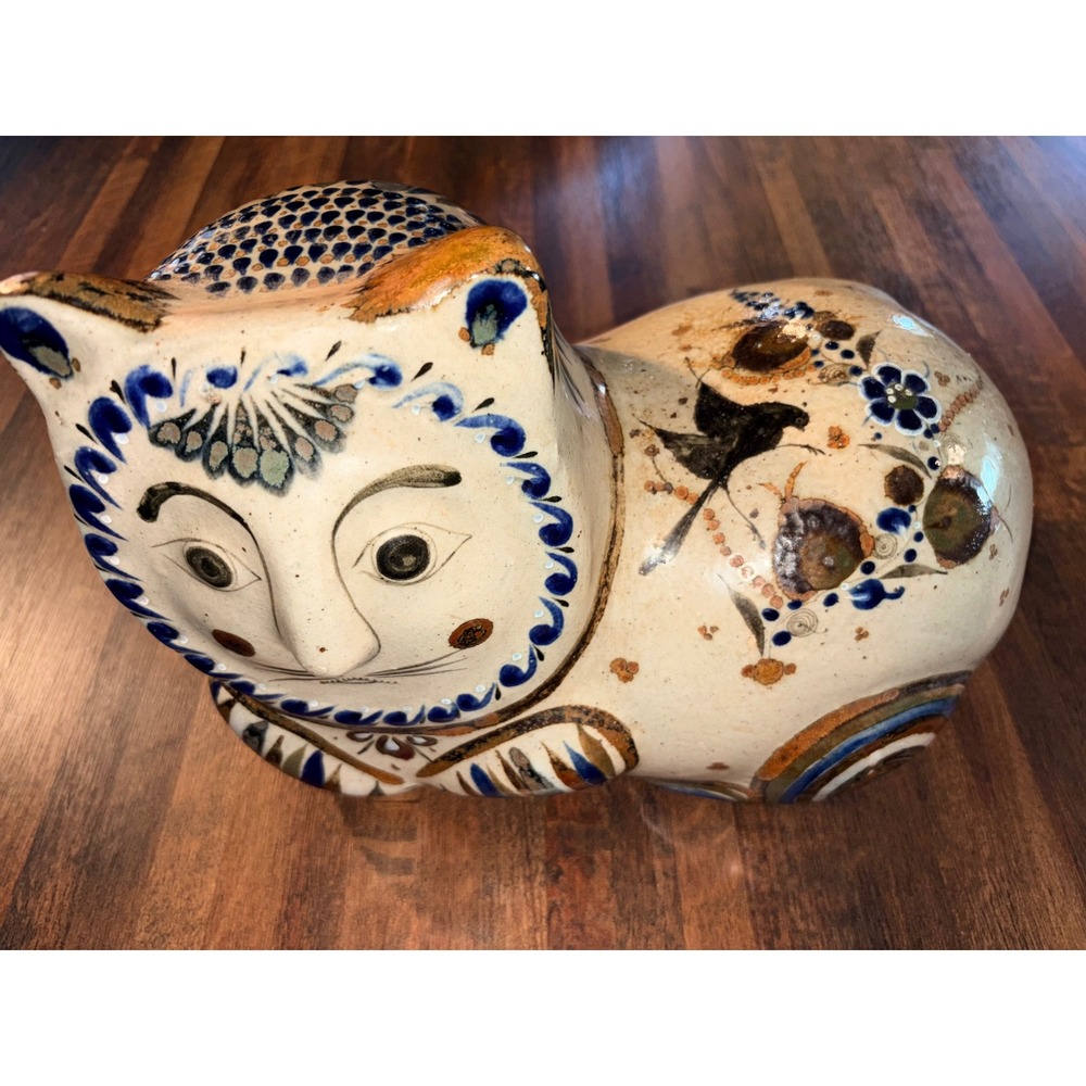 Vintage Tonala Mexico Pottery Cat Figurine Large Hand Painted Folk Art 12 Inch